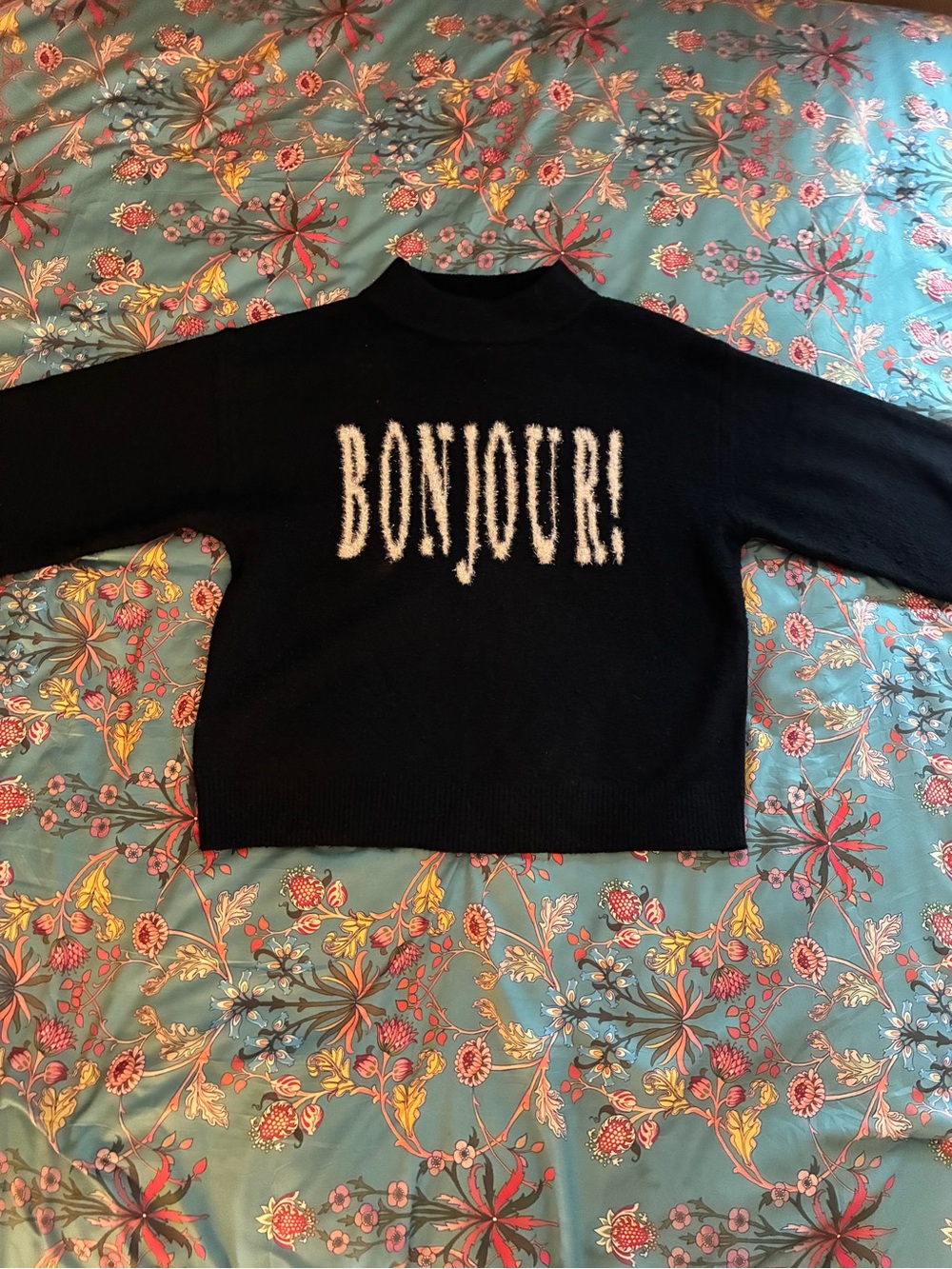 a new day Black Women's Sweater with White "BONJOUR!" Graphic